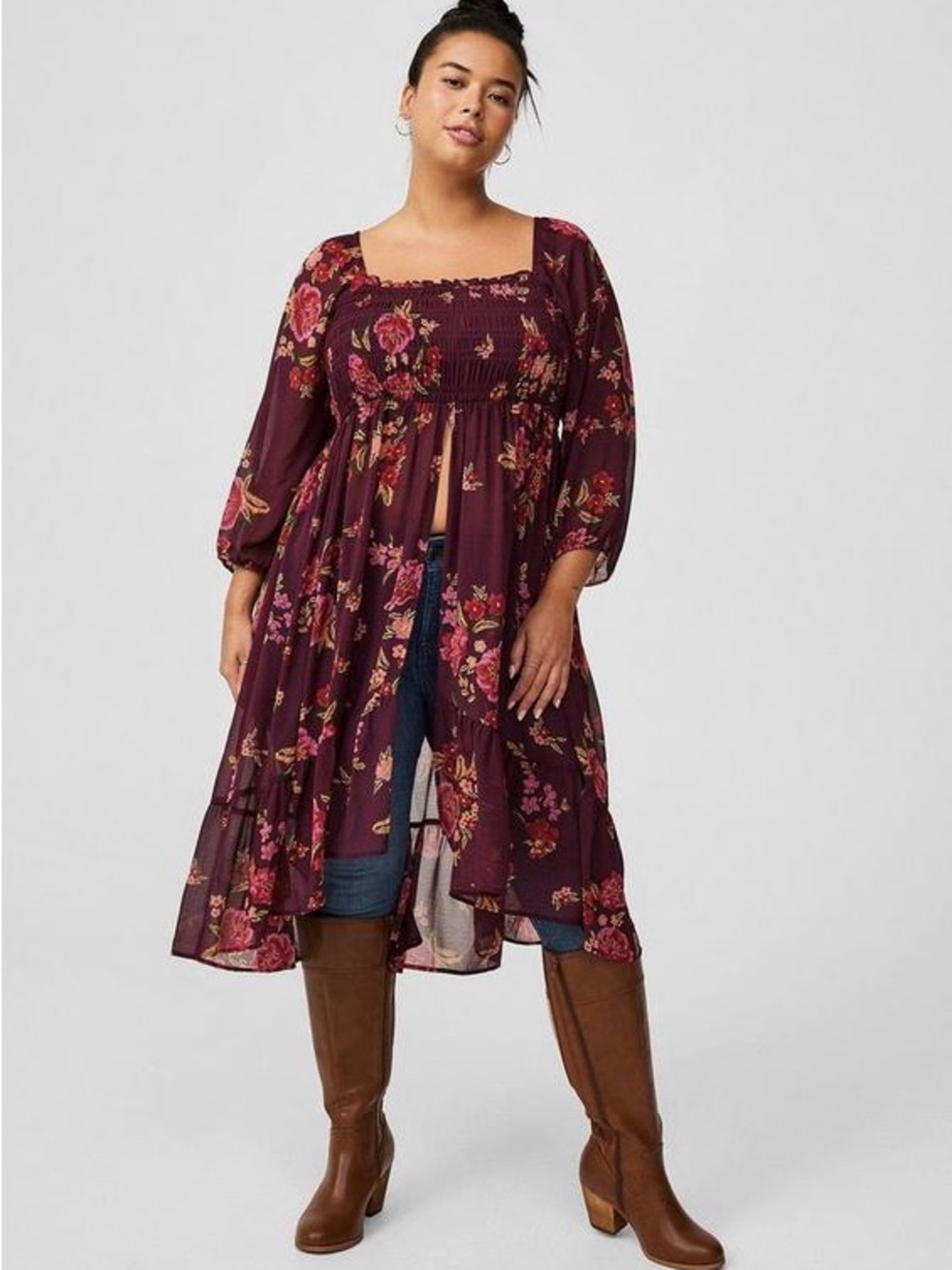 torrid Burgundy Floral Smocked Midi Tunic